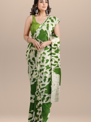 Green Hand Block Printed Mulmul Cotton Saree with Blouse Piece for Women