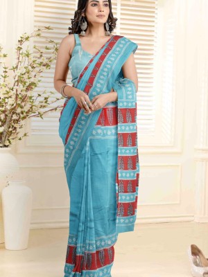 Sky Blue Hand Block Printed Mulmul Cotton Saree with Blouse Piece for Women