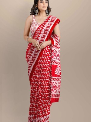 Red Mulmul Cotton Saree Hand Block Printed with Blouse Piece for Women