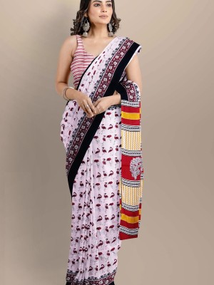 White Mulmul Cotton Saree Flamingo Bird Floral Hand Block Printed with Blouse Piece for Women