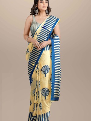 Light Yellow Tree Printed Mulmul Cotton Saree Hand Block Printed with Blouse Piece for Women