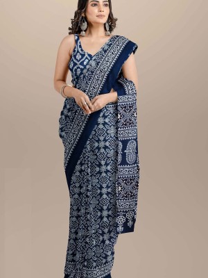 Blue Mulmul Cotton Saree Hand Block Printed with Blouse Piece for Women