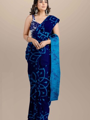 Dark Blue Hand Block Printed Mulmul Cotton Saree with Blouse Piece for Women