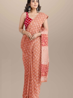 Peach Mulmul Cotton Saree Hand Block Printed with Blouse Piece for Women