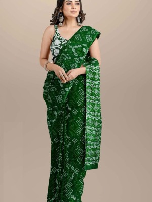 Ayesha Green Bandhej Mulmul Cotton Saree Hand Block Printed with Blouse Piece for Women
