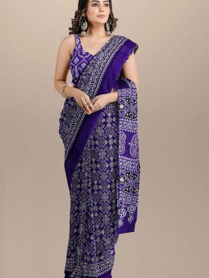 Blue Mulmul Cotton Saree Hand Block Printed with Blouse Piece for Women