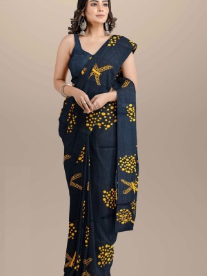 Black Mulmul Cotton Saree Hand Block Printed with Blouse Piece for Women