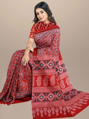 Red Mulmul Cotton Saree Hand Block Ajrakh Printed with Blouse Piece for Women