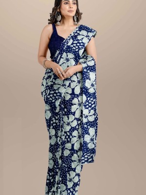 Mumtaz Blue Floral Printed Mulmul Cotton Saree Hand Block Printed with Blouse Piece for Women