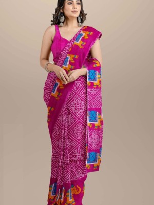 Aditi Pink Elephant Printed Mulmul Cotton Saree Bandhej Hand Block Printed with Blouse Piece for Women