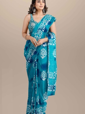 Malvika Turquoise Printed Mulmul Cotton Saree Hand Block Printed with Blouse Piece for Women