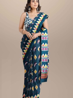 Blue Printed Mulmul Cotton Saree Hand Block Ikat Printed with Blouse Piece for Women