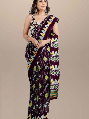 Multicolor Printed Mulmul Cotton Saree Hand Block Ikat Printed with Blouse Piece for Women