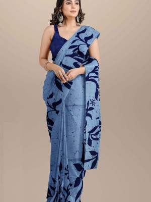 Sky Blue Printed Mulmul Cotton Saree Hand Block Printed with Blouse Piece for Women