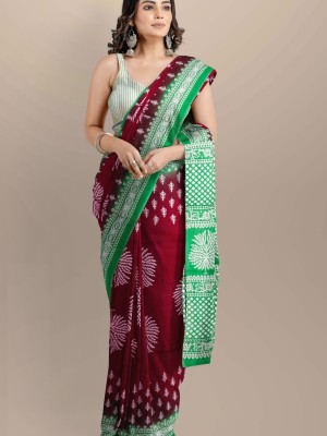 Divya Red & Green Printed Mulmul Cotton Saree Hand Block Printed with Blouse Piece for Women