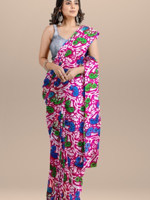 Multicolor Printed Mulmul Cotton Saree Hand Block Printed with Blouse Piece for Women