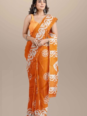 Aanchal Orange Printed Mulmul Cotton Saree Hand Block Printed with Blouse Piece for Women