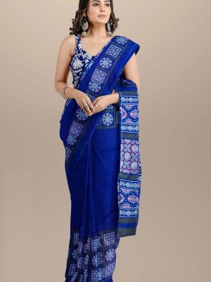Naina Dark Blue Mulmul Cotton Saree Hand Block Ajrakh Printed with Blouse Piece for Women