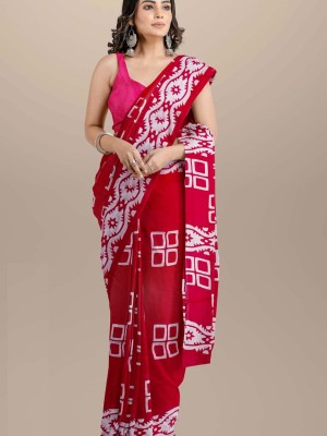 Rashmi Red Mulmul Cotton Saree Hand Block Printed with Blouse Piece for Women