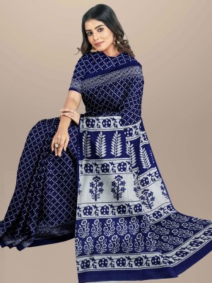 Neelima Blue Mulmul Cotton Saree Hand Block Printed with Blouse Piece for Women
