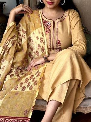 Tanvi Light Brown Color Embroidered Work Straight Kurti Pant Dupatta Salwar Kameez Suit Set