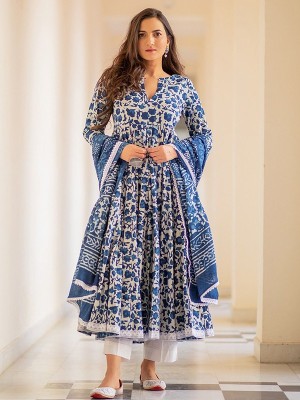 White Blue Floral Printed Anarkali Kurti Pant Dupatta Set Frock Style Salwar Kameez Suit Set