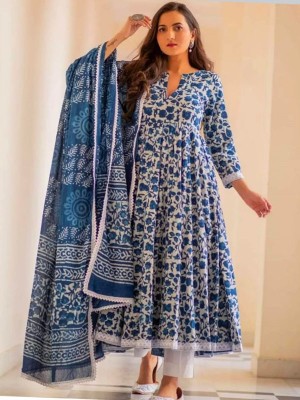 White Blue Floral Printed Anarkali Kurti Pant Dupatta Set Frock Style Salwar Kameez Suit Set