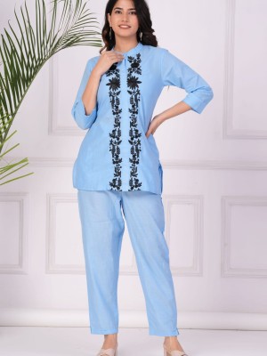 Blue Floral Embroidered Co Ord Set Indian Salwar Kameez Kurti Pant Set