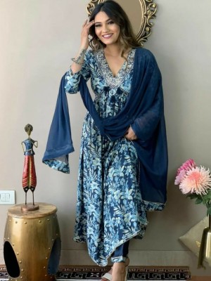 Blue Floral Alia Cut Embroidered Salwar Kameez Kurti Pant Dupatta Suit Set
