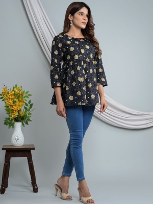 Black Designer Sleeves Short Kurti Tunic Top for Women Star Flower Floral Print