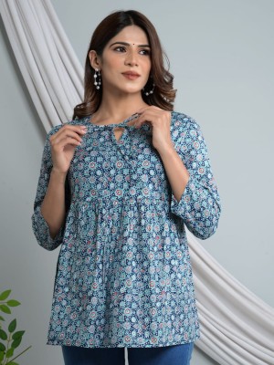Blue Designer Sleeves Short Kurti Tunic Top for Women Ajrakh Print