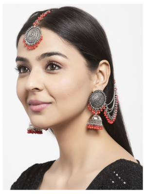Red Bahubali Jhumka Earring with Hairpin Mangtikka Combo Set Ethnic Oxidized Earrings for Women