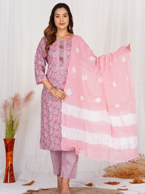 Roshni Pink Color Embroidered Cotton Ethnic Straight Kurti Pant Dupatta Traditional Salwar Kameez Suit Set