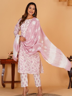 Khushi Off White & Pink Embroidered Kurti Pant Dupatta Traditional Ethnic Cotton Straight Salwar Kameez Suit Set