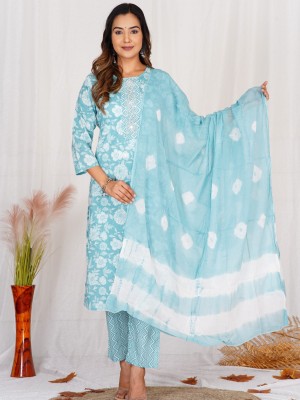 Manya Turquoise Blue Embroidered Kurti Pant Dupatta Traditional Ethnic Cotton Straight Salwar Kameez Suit Set