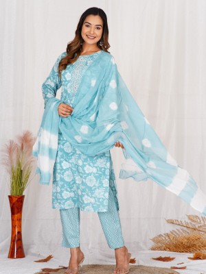 Manya Turquoise Blue Embroidered Kurti Pant Dupatta Traditional Ethnic Cotton Straight Salwar Kameez Suit Set