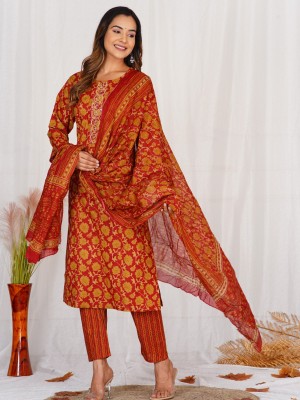 Anamika Red Embroidered Kurti Pant Dupatta Traditional Ethnic Cotton Straight Salwar Kameez Suit Set