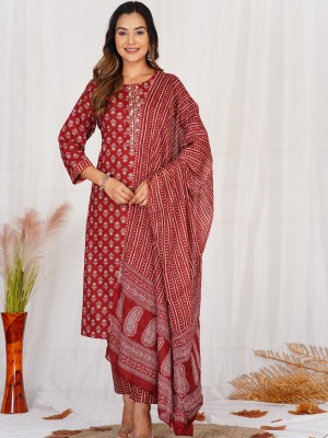 Jiya Maroon Embroidered Kurti Pant Dupatta Traditional Ethnic Cotton Block Print Straight Salwar Kameez Suit Set