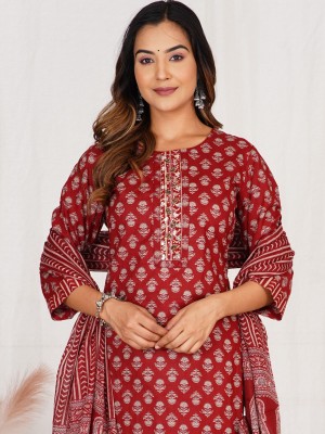 Jiya Maroon Embroidered Kurti Pant Dupatta Traditional Ethnic Cotton Block Print Straight Salwar Kameez Suit Set