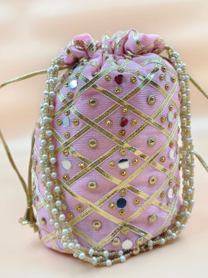 Baby Pink Ladies Potli Purse Handbag Silk Zari Ethnic Rajasthani Art for Woman Work Bridal Potli