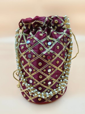 Maroon Ladies Potli Purse Handbag Silk Zari Ethnic Rajasthani Art for Woman Work Bridal Potli
