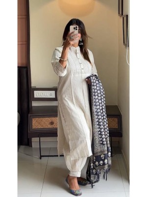 Khadi Cotton Off White Straight Kurti with Afghani Pant and Chanderi Dupatta Salwar Kameez Suit Set