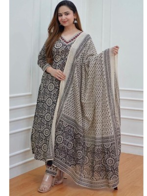 Black Cotton Elegant Block Print Kurti with Afghani Pant Dupatta Salwar Kameez Suit Set