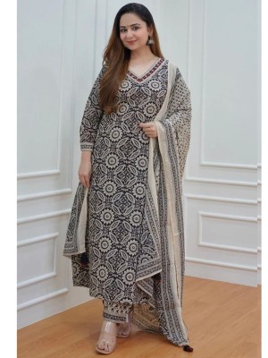 Black Cotton Elegant Block Print Kurti with Afghani Pant Dupatta Salwar Kameez Suit Set