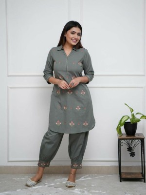 Green Embroidered Collared Co Ord Set Indian Pakistani Salwar Kameez Kurti Afghani Pant Set