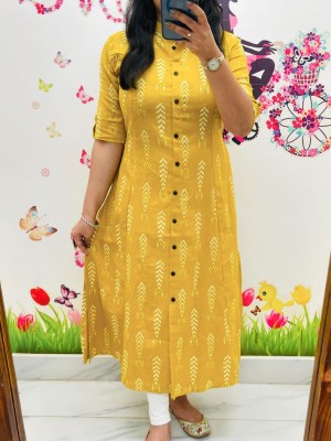 Mustard Printed Cotton Aline Kurti Pant Set Indian Summer Salwar Kameez