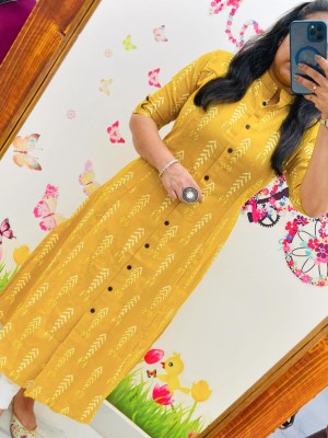Mustard Printed Cotton Aline Kurti Pant Set Indian Summer Salwar Kameez