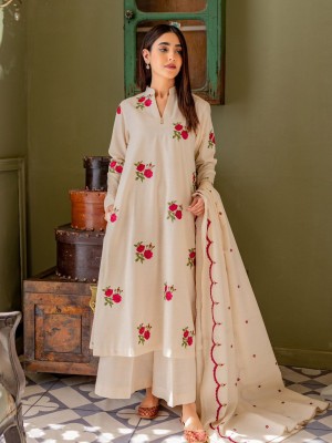 Cream Cotton Full Sleeve Block Printed Kurti Palazzo Dupatta Set Pakistani Salwar Kameez Suit