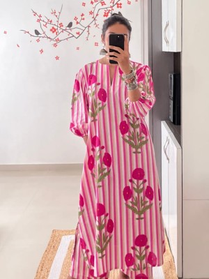 Mukti Pink Aline Kurti Pant Set Floral Stripped Print Cotton Co Ord Set Salwar Kameez for Women