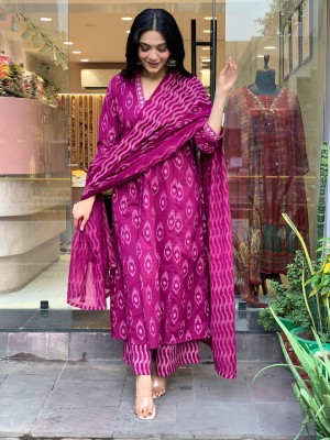 Wine V-Neck Embroidered Ikkat Cotton A-line Printed Kurta Kurti Pant Dupatta Set Salwar Kameez Dress (Set of 3)